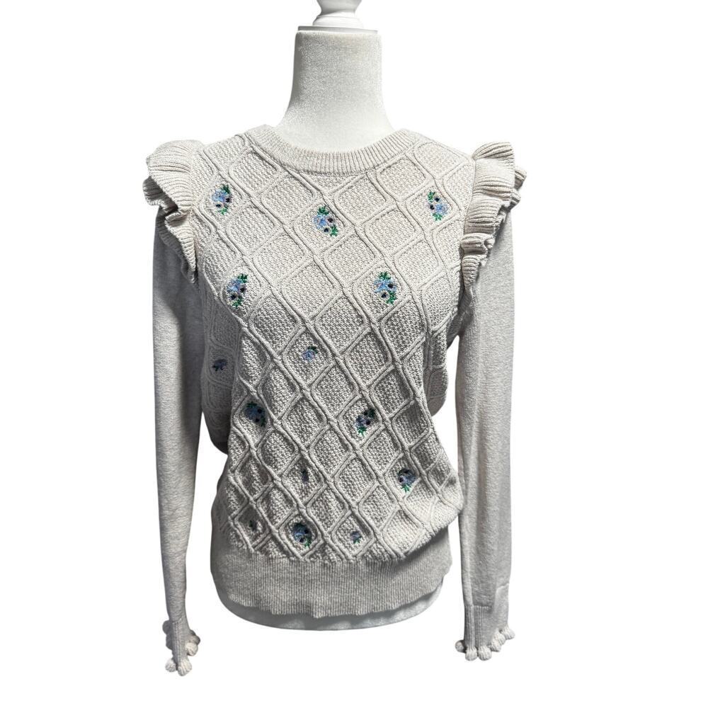 Grandma Embroidered Ruffle Sweater Women’s (L) Beige Knit Blue Ditsy Floral - Picture 2 of 7